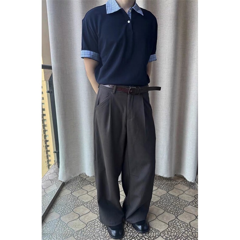 得物抖音高品质二开夏季美式潮牌高街假两件格子衬衣翻领短袖T恤,男装T恤,电商A486