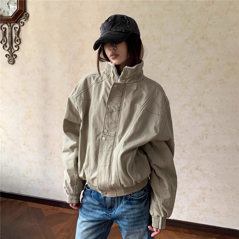 Apocket美式解构缉明线立领工装夹克秋冬加绒加厚廓形宽松棉服女,男装夹克,星座506A