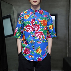 黑洞景新中式东北大花立领手工盘扣短袖衬衫31223，男装衬衫，星座305A（原312A-1）
