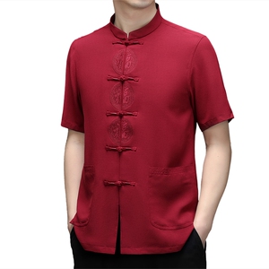 风男装练功服刺绣唐装中老年人爸爸夏季短袖爷爷冰丝太极服男图片