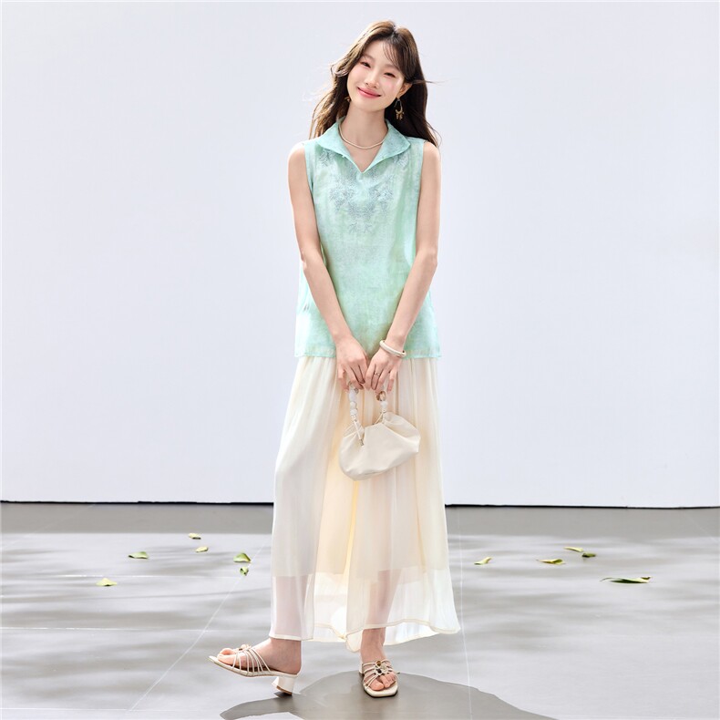 夏季新款现货！2026洋气时尚百搭款刺绣上衣+琉璃亮光阔腿裤套装,女装套装/套裙,宝儿家