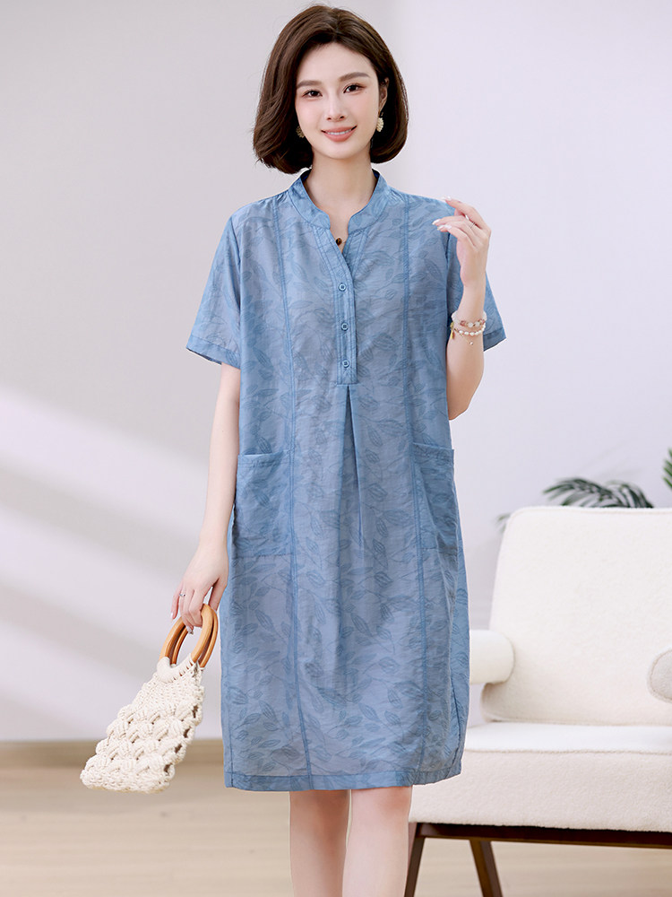 天丝连衣裙女2024新款宽松大码气质中年妈妈夏装洋气薄款直筒裙子,女装连衣裙,忆绮罗