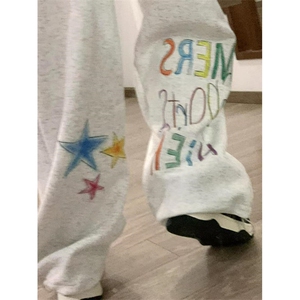 青少年潮印花休闲裤复古涂鸦星星休闲运动卫裤松紧日常KX66