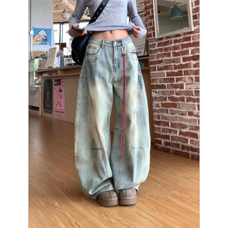 大码美式高街复古弯刀牛仔裤女早秋季新款胖MM显瘦宽松阔腿拖地裤,男装牛仔裤,星座506A