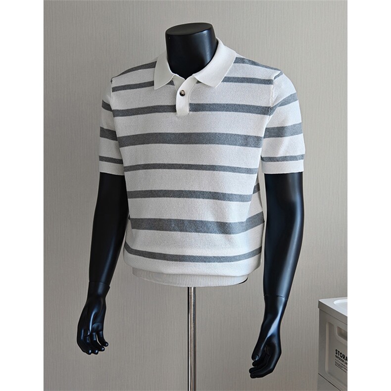 盗图老钱风提花冰丝条纹翻领针织短袖POLO衫E77132/P58控88，男装T恤，电商A243