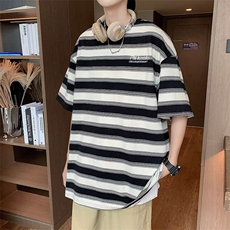 日系情侣条纹t恤港风ins潮流复古上衣夏季潮牌短袖男T1217-P25，男装T恤，星座512-2