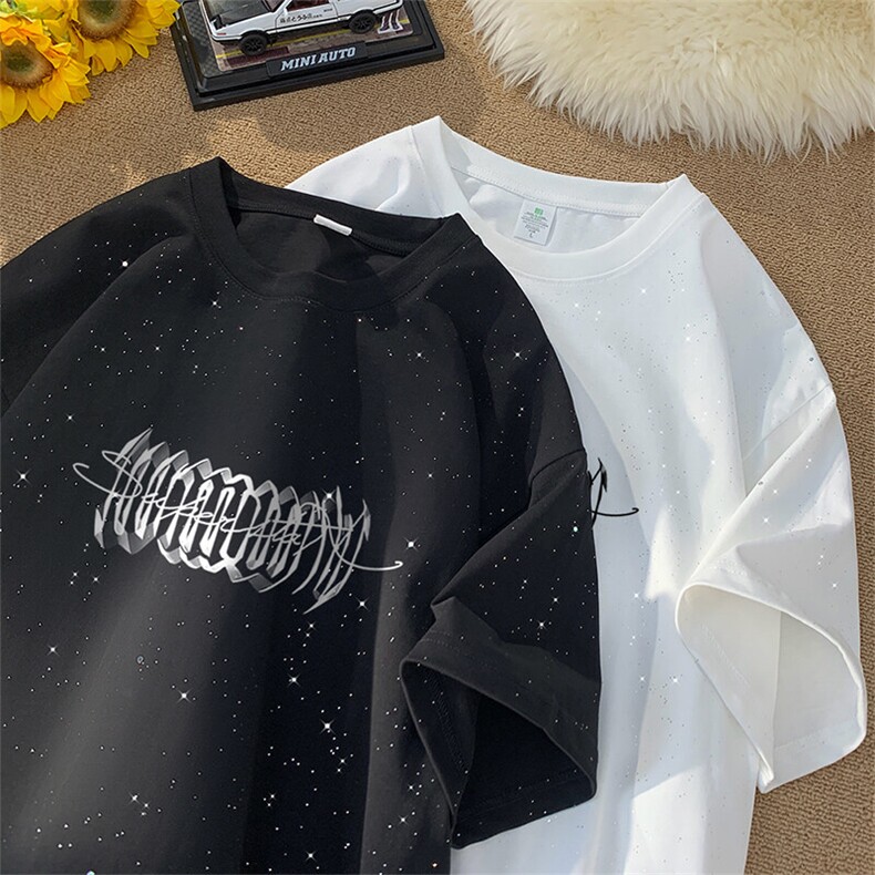 可48小时发货支持抖音得物来样二开美式满天星亮片短袖T恤MTX653，男装T恤，电商A486-1