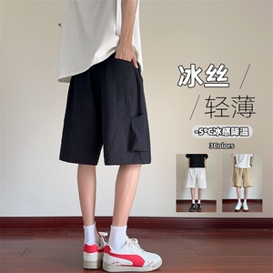 特批P25无差价夏季休闲仿麻透气冰丝拼接纯色宽松短裤男DK5988图片