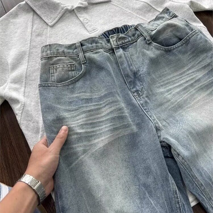 美式复古cleanfit牛仔裤男春秋新款高街潮牌穿搭浅蓝色加绒微喇裤,男装牛仔裤,星座506A