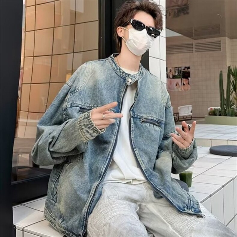 美式复古cleanfit牛仔外套男春秋季宽松立领夹克做旧潮牌工装衣服,男装工装外套,星座601-1