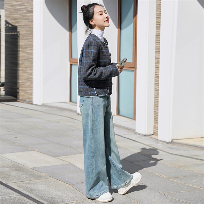 2024年秋冬季新款法式复古小香风气质蓝灰格纹短外套小个子,女装毛呢外套,曼娅璐