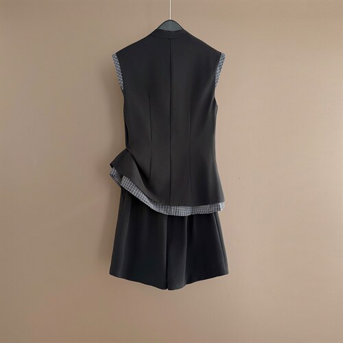 时尚减龄新中式风套装女夏季新款格纹拼接立领上衣短裤两件套潮，女装套装/套裙，江南