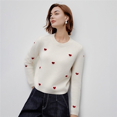 2025秋冬新款时尚百搭圆领山羊绒100%长袖爱心图案针织上衣，女装羊绒衫，阿舍尔精品