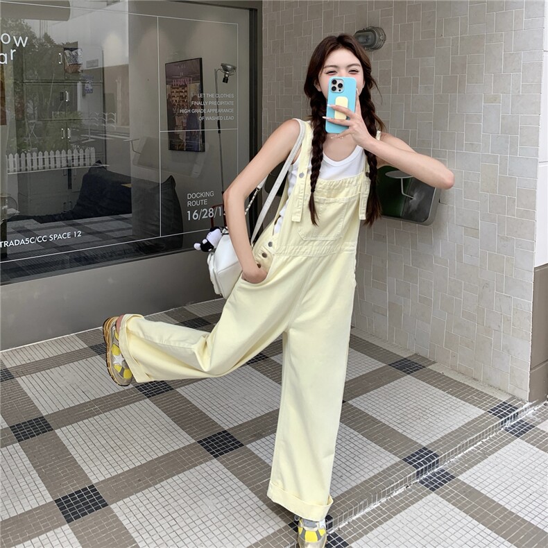 黄色可盐可甜减龄工装背带裤长款女夏季新款温柔甜美学院风连体裤图片
