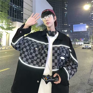 春秋季ins反光棋盘格外套男潮牌情侣装工装夹克上衣 W3507-P65图片