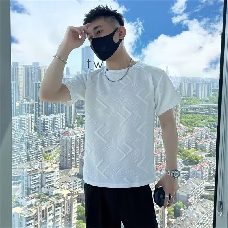 夏季男士t恤上衣短袖修身半袖潮流纯色字母提花圆领休闲个性体恤,男装T恤,星座1013