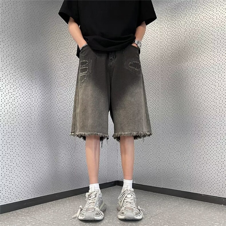 青春流行ins男直筒水洗毛边短裤牛仔裤 P40图片