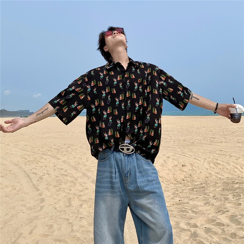EQ412卡通印花夏季衬衫男女情侣装短袖衬衣沙滩旅游度假,男装衬衫,电商C306-1