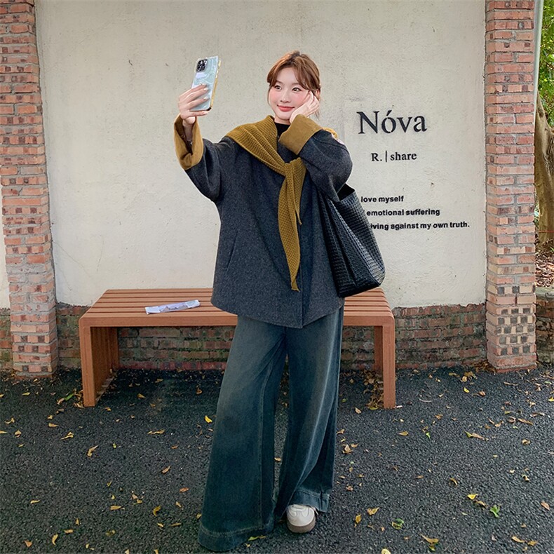 欧货拼色披肩毛呢短款外套女秋2025新款宽松显瘦小个子拉链夹克潮,女装毛呢外套,浙宝301
