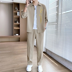 2025新款春季长袖套装长裤男士时尚两件套新中式刺绣-7727-P100，男装休闲套装，星座1105