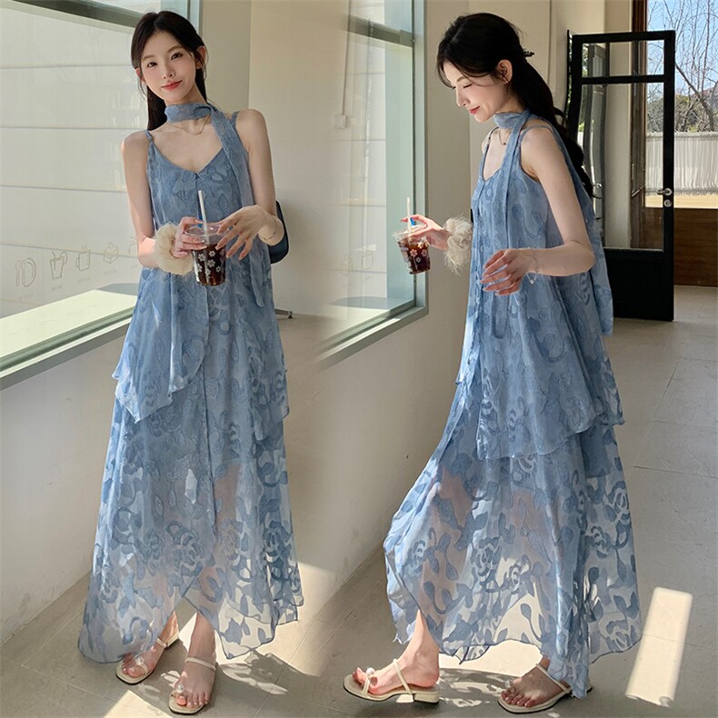 高级感多层拼接重工提花吊带连衣裙，女装连衣裙，纯色衣恋