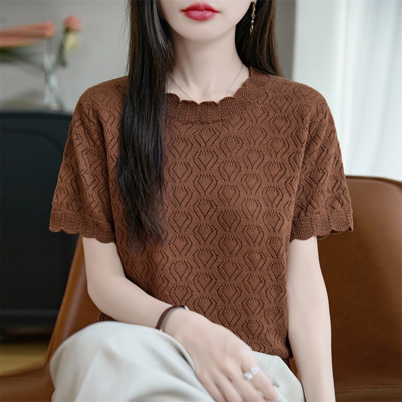 圆领镂空针织短袖T恤女2025夏新款纯棉显瘦百搭纯色打底衫上衣新,女装T恤,彩羽羊绒