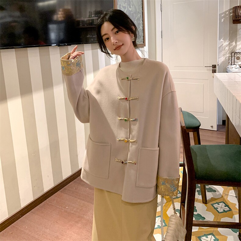 国风新中式女装盘扣纯羊毛呢外套女宽松宋锦刺绣圆领双面羊绒大衣，女装双面呢大衣，荣图大衣