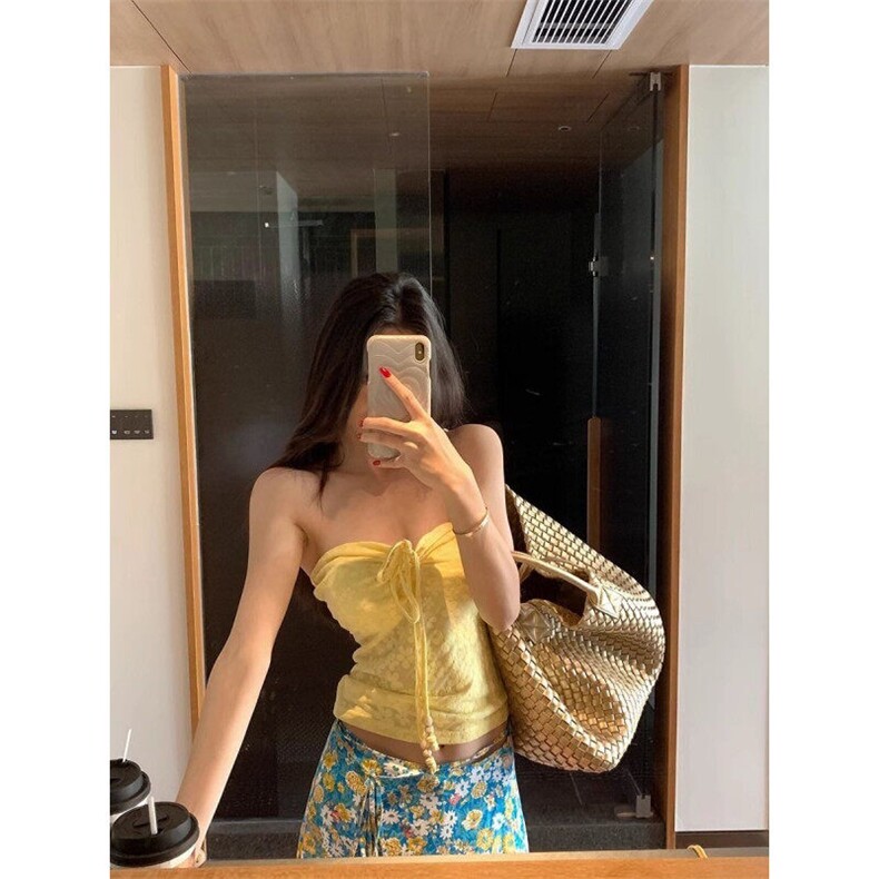 巨鹿工作室“柠檬味的夏天”微胖mm多巴胺辣妹感纯欲抹胸大码上衣,女装半身裙,星座506A
