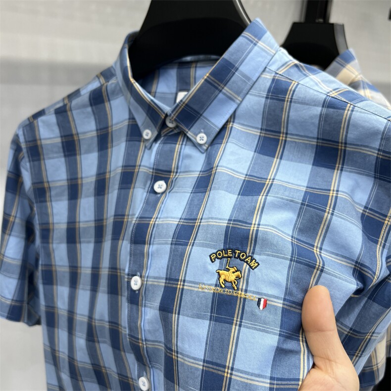 纯棉格子短袖衬衫男薄款上衣夏季中年男士休闲宽松半袖衬衣爸爸装图片
