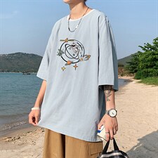 YT26142-P30亚短袖t恤男大码五分袖男宽松七分袖港风模特，男装T恤，电商A040