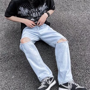 夏季潮流ins潮牌牛仔裤嘻哈街头磨破宽松破洞阔腿长裤男N0729-P40图片