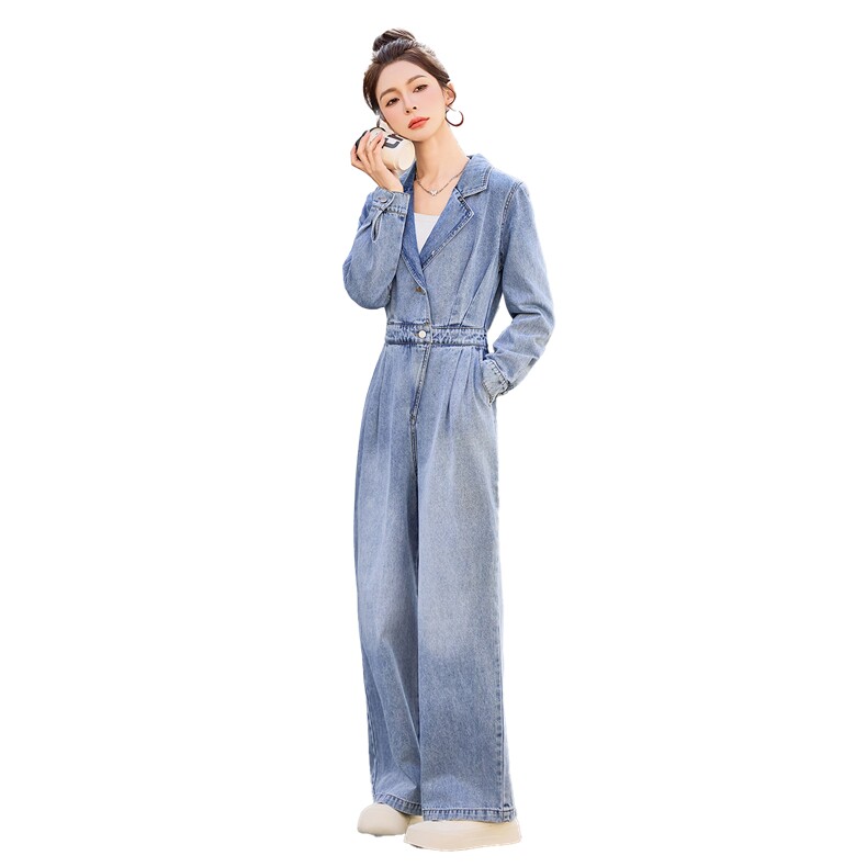 （新款现货）2026春装时尚显瘦西装领工装牛仔阔腿腰带连体裤女,女装连体裤,印象茜