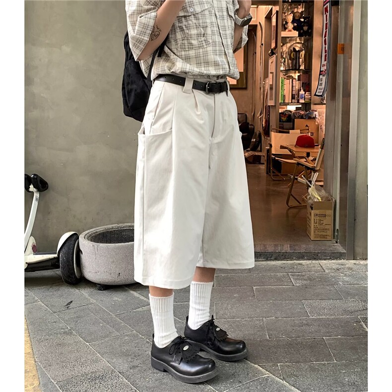 日系复古白色七分裤潮牌街头夏季宽松马裤男女休闲设计感工装短裤图片