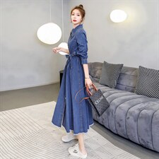 连衣裙纯色中腰2021年春季纽扣大摆型POLO领单排扣，女装连衣裙，秋水欣儿