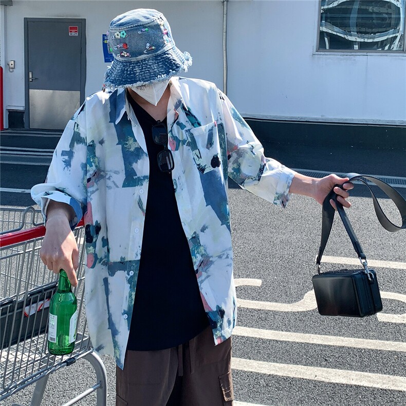 2026夏休闲水墨画冰丝凉感短袖五分袖半袖衬衫CS29/特P30浅蓝,男装衬衫,电商A094