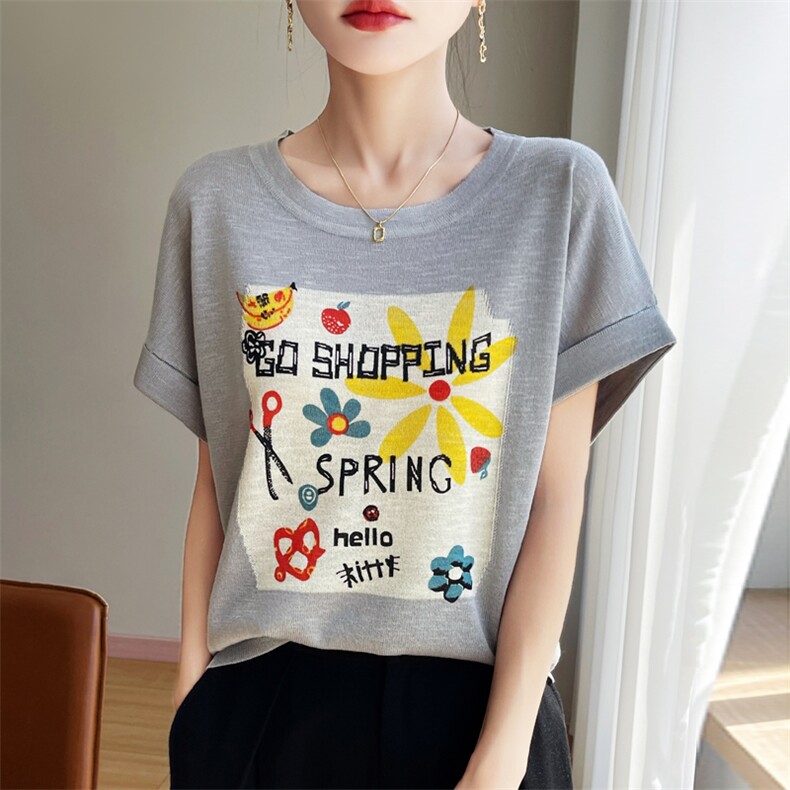 夏季新款时尚竹节麻太阳花短袖女修身显瘦百搭休闲上衣,女装T恤,暖姿羊绒