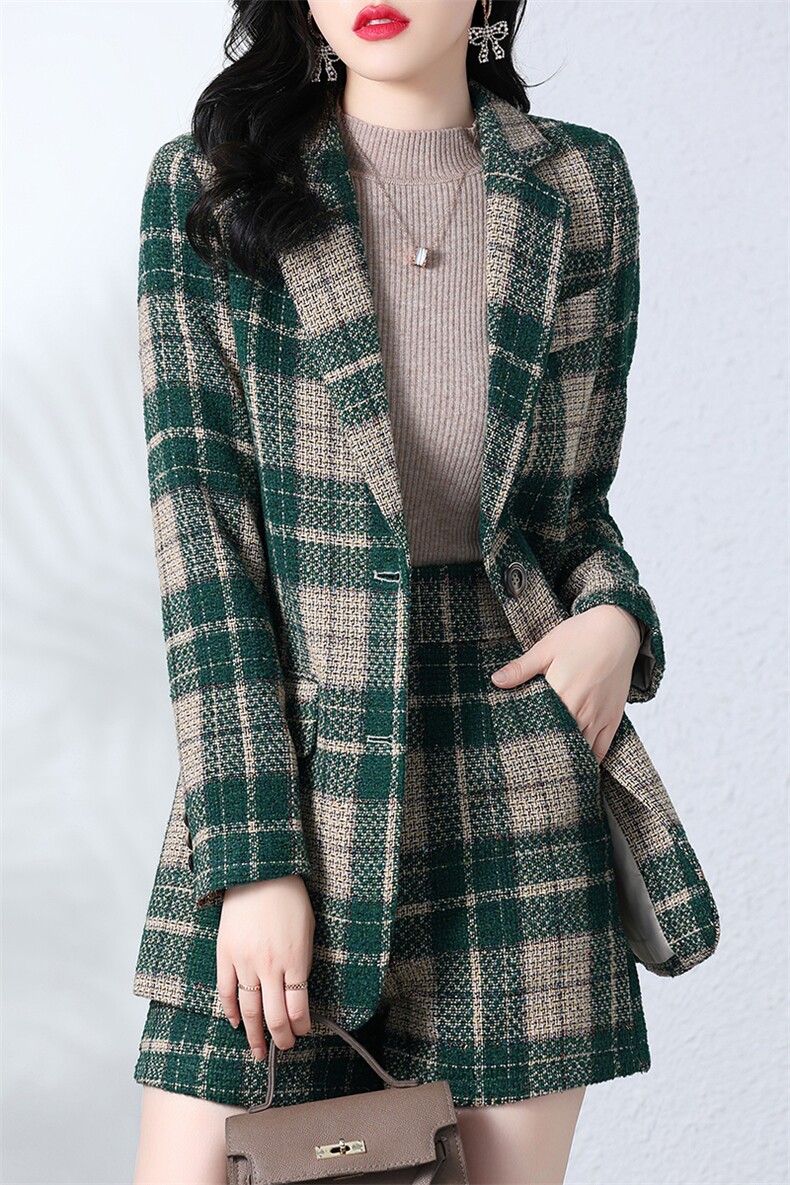 呢子西装套装女2025新款春秋季小香风高端职业气质短裤格子两件套,女装套装/套裙,韩然一族