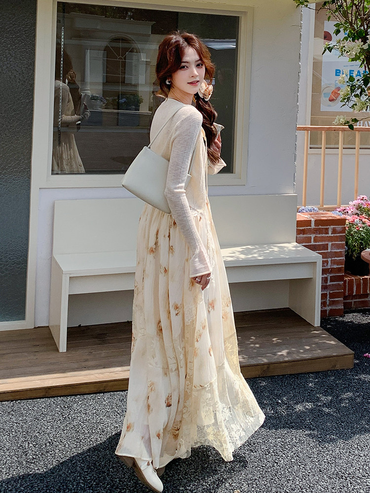 法式浪漫蕾丝拼接吊带连衣裙套装女2025秋新款长袖开衫气质两件套,女装套装/套裙,浙宝220