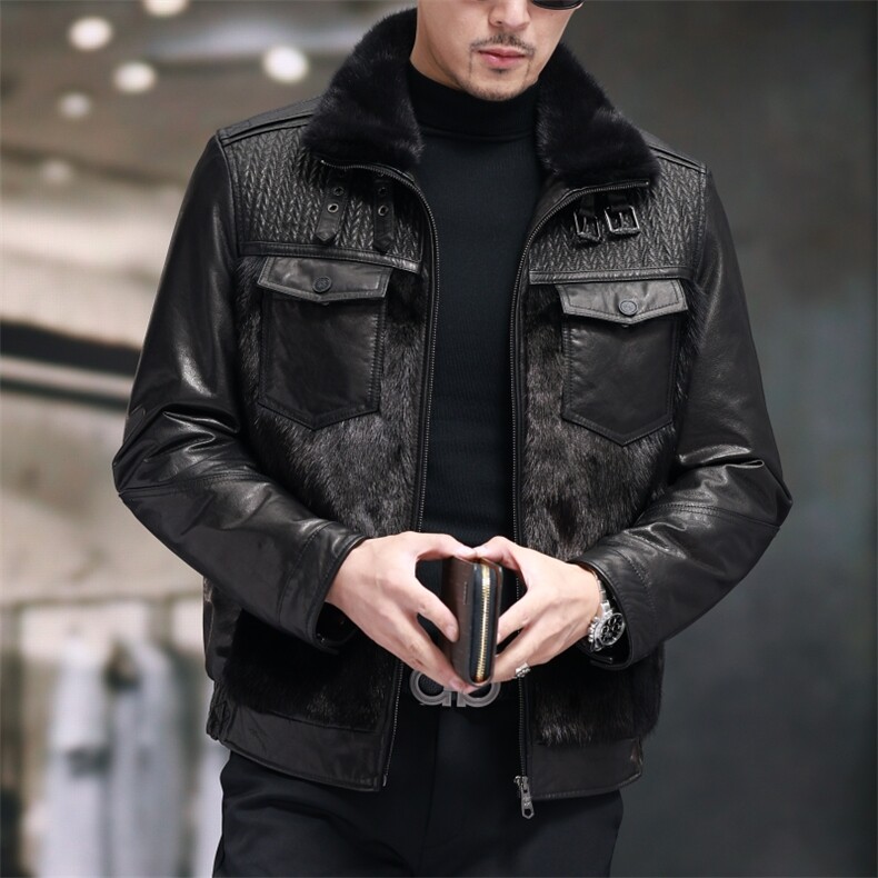 BIJ2505冬季海宁真皮羽绒服男山羊皮夹克翻领时尚男装机车皮衣,男装夹克,电商B360