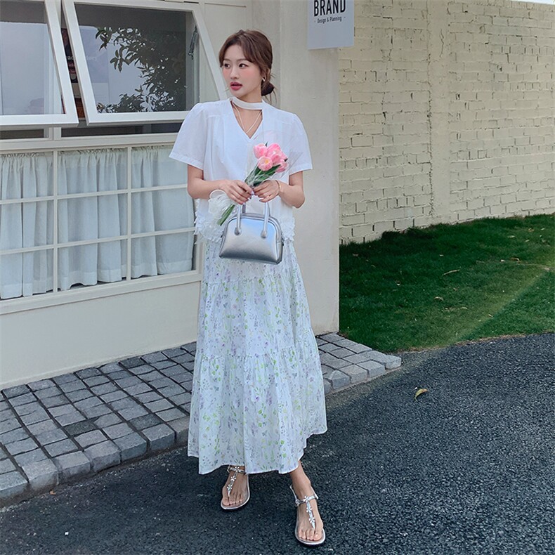 韩版温柔系甜美休闲衬衫套装女2025夏季新款显瘦碎花半身裙两件套,女装套装/套裙,浙宝305