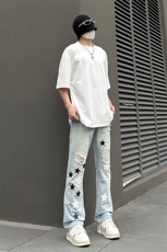 B221美式ins高街小众五角星假破洞小脚牛仔裤LK23027-P65控88，男装牛仔裤，电商B221