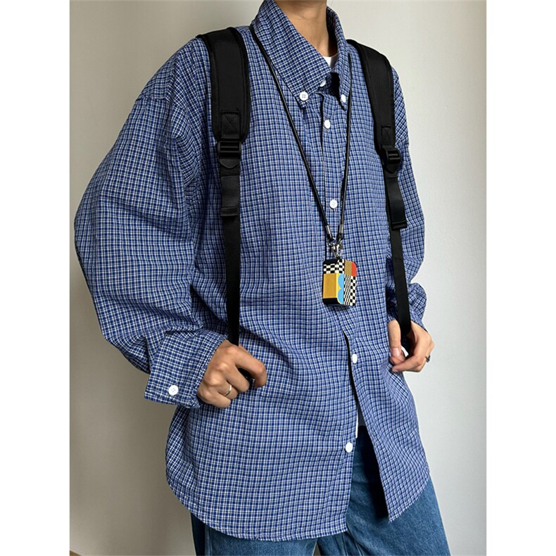 1506/QC500/P38衬衣蓝色慵懒长袖衬衫男女百搭宽松格子外套,男装衬衫,星座1506