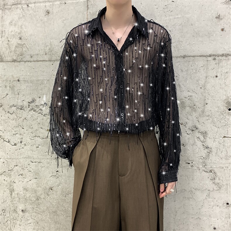 秋装明星同款亮片大码流苏衬衫演唱会痞帅男女长袖衬衫外套表演,男装衬衫,星座909