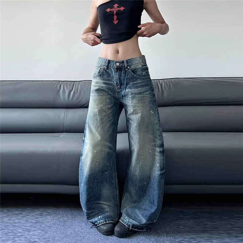美式复古高街水洗泼墨弯刀牛仔裤男女宽松阔腿拖地裤W4041_P50图片