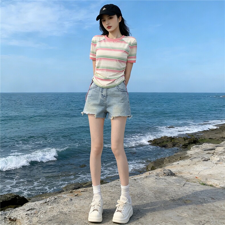 女夏季新款韩版运动休闲套装修身显瘦圆领条纹短袖牛仔短裤两件套,女装套装/套裙,江南