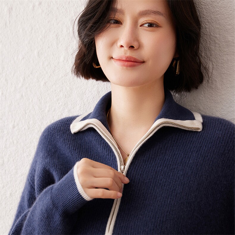 2024秋季新款半拉链翻领长袖女士35%羊绒套头衫通勤百搭,女装羊绒衫,雪真羊绒高端店