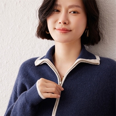 2024秋季新款半拉链翻领长袖女士35%羊绒套头衫通勤百搭，女装羊绒衫，雪真羊绒高端店