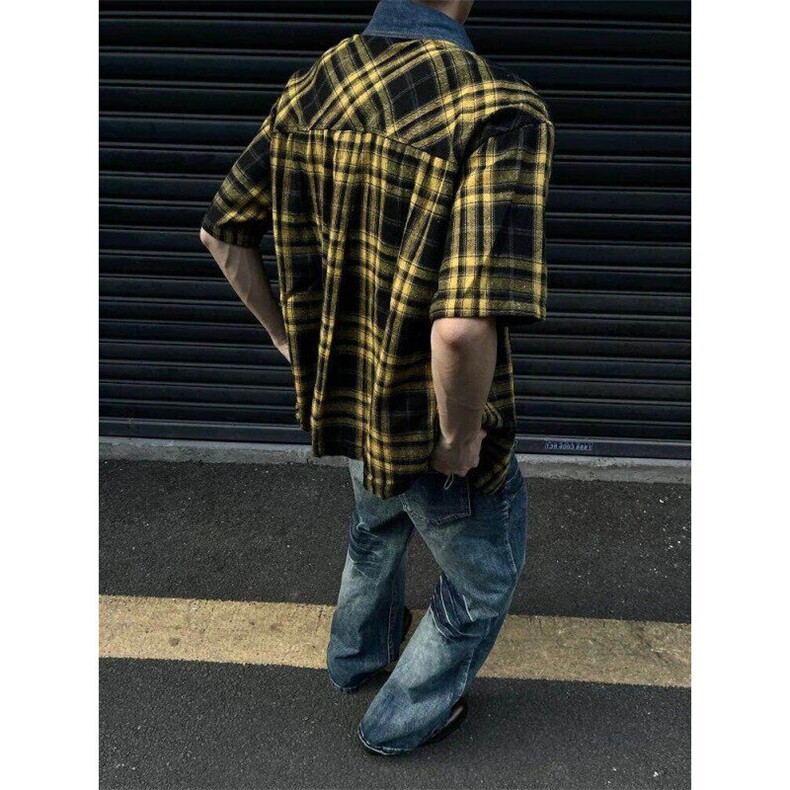 CS29-P45现货男女格子短袖衬衫外套休闲黄色格子衬衣,男装T恤,电商B327