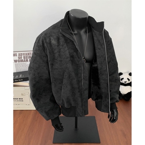 现货大码扎染皮扎染荔枝皮兔毛棉衣pu皮衣外套cleanfit棒球服棉衣图片