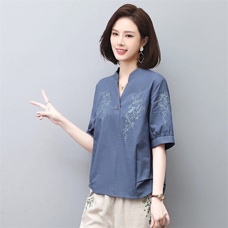 2025夏季新款亚麻休闲时尚高端苎麻上衣中年妈妈棉麻女,女装T恤,涵誉